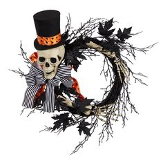 a halloween wreath with a skeleton wearing a top hat