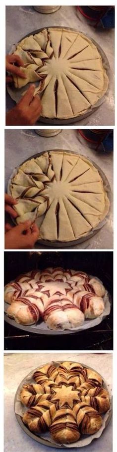 four different views of pies being baked in the oven