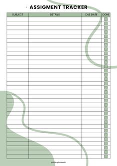 a printable assignment tracker is shown in green and white with the word assignment tracker on it