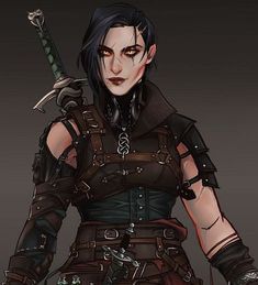 a woman with black hair and piercings holding two swords in her hands, wearing leather armor