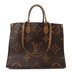 This is an authentic LOUIS VUITTON Reverse Monogram Giant Onthego GM. This tote features oversized and classic versions of the Louis Vuitton monogram printed in light and dark brown on coated canvas. The bag features rolled top handles and long shoulder straps that can be tucked away inside the bag, accented with polished gold-toned hardware. The top is open to a red fabric interior with zipper and patch pockets. Louis Vuitton Monogram Bag, Louis Vuitton Totes, Louis Vuitton Empreinte, Louis Vuitton Damier Azur, Monogram Bag, Louis Vuitton Damier Ebene, Monogram Prints, Light And Dark, Louis Vuitton Shoulder Bag