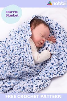 a baby wrapped in a blue and white blanket with the words, free crochet pattern