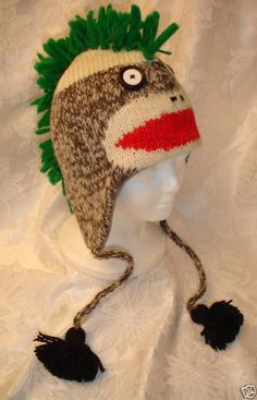 Punk Rock Sock Monkey Hat Knit Adult Costume Flc Lining Green Mohawk Helmet Head Green Mohawk, Sock Monkey Hat, Monkey Hat, Helmet Head, Sock Monkeys, Knit Structure, Hat Knit, Sock Monkey, Adult Costumes