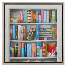 a painting of books on a book shelf