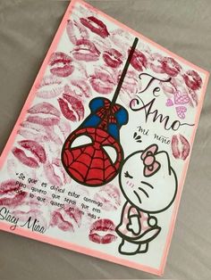 a drawing of a spiderman kissing a woman's face with the words te amo and me written on it