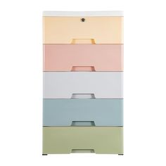 a multicolored file cabinet with five drawers