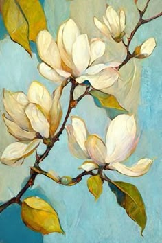 a painting of white flowers on a branch