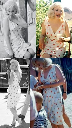 four different pictures of women in dresses