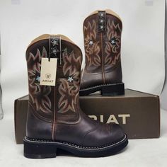 Brand: Ariat Description: Women's Probaby Boots In Color Driftwood Brown. These Were A Return That Have Been Tried On. They Have A Few Little Scuffs And Creases. Style 10001132 100% Leather Imported Rubber Sole Fatbaby Style Toe 10" Height These Cowgirl Style Riding Boots Are Made For High Performance And A Western Look. The Stylish Detailed Six-Row Stitch Pattern With Star Embroidery Accents On The Shaft Looks Fresh With A Hint Of The Old School. These Ariat Cowgirl Boots Provide Maximum Comfort And Absorb Foot Pressure Using Ats Technology. The Round Toe Boots Hold The Foot For Exceptional Support And Balance No Matter You Are Standing, Walking, Or Running. The Western Boots For Women Are Cowgirl Boots Round Toe, Style Riding Boots, Western Boots For Women, Western Riding Boots, Ariat Cowgirl Boots, Round Toe Boots, Ariat Shoes, Western Look, Western Boots Women