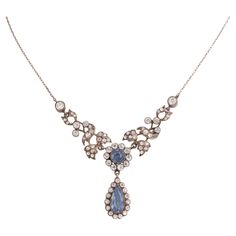 Antique Silver and Blue and Clear Paste Festoon Necklace c.1920s L 41.2 cm H 6.185 cm W 5.741 cm 11.5 grams Vintage Blue Necklace, Asoiaf Oc, Festoon Necklace, Necklace C, Necklace Art Deco, Vintage Pendant Necklace, Queen Jewelry, Necklace Art, Random Clothes