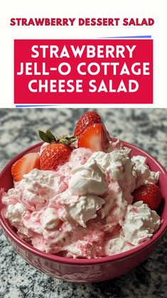 strawberry jello cottage cheese salad in a pink bowl