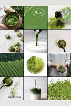 green tea is being poured into a cup and placed on top of a table with other pictures