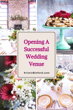 an image of a wedding venue with flowers and desserts on the table in it