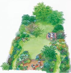 an aerial view of a garden with lots of trees and plants on the sides of it