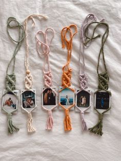 Macrame Photo Hanger - Photo Car Charm - Rear View Mirror accessory - Boho Picture Holder ** polaroids are my personal photos and are display only Car Hangers Diy, Diy Rear View Mirror Hangers, Diy Car Mirror Hangers, Clay Polaroid Holder, Car Diy Accessories, Macrame Photo Hanger, Diy Car Accessories, Photo Hanger, Car Mirror Hangers