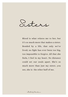 a poem written in black ink with the words sisters on it