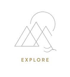 the logo for explore, which is designed in white and gold with mountains on it