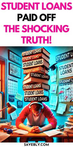 a woman sitting at a desk with stacks of books on top of her head and the words student loan paid off the shocking truth