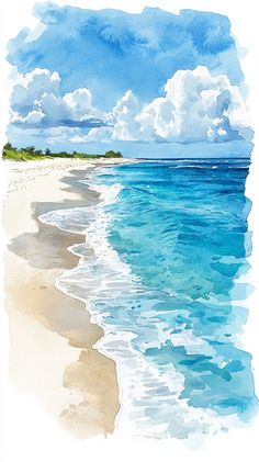 a watercolor painting of the ocean and beach with white sand, blue sky and clouds