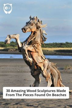 an image of a horse made out of driftwood on the beach with caption that reads, 30 amazing wood sculptures made from the pieces found on beaches