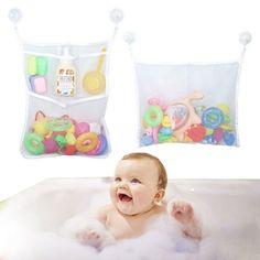 a baby laying in a bathtub with toys hanging from the hooks on the wall