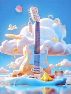 an advertisement with a guitar in the middle of it and clouds behind it that are floating in the air