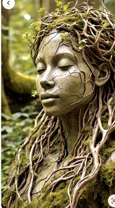 a woman with vines on her head in the middle of some trees and mossy ground