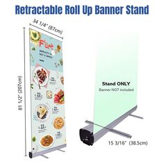 the retractable roll up banner stand is shown with measurements for each item in front of it