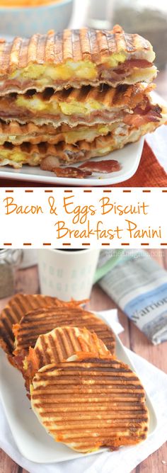 bacon and egg biscuit breakfast panini on a white plate