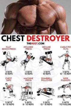 the chest workout chart shows how to use dumbs and push ups for an upper body