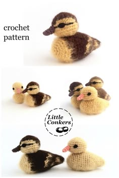 crochet little ducks are shown in three different positions, one is brown and the other is white