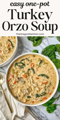 two bowls of turkey orzo soup with spinach leaves on the side and text overlay