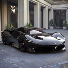 a black and silver sports car parked in front of a building with potted plants