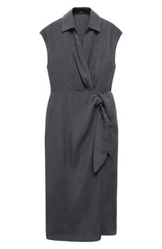 Set out from the office to nights on the town in this versatile wrap dress that's topped with a sleek and sophisticated collar. True wrap style with side tie closure Johnny collar Cap sleeves Unlined 83% modal, 17% polyester Machine wash, line dry Imported Silk Tie Waist Wrap Dress For Formal Occasions, Silk Wrap Dress With Tie Waist, Silk Wrap Dress With Tie Waist For Formal Occasions, Chic V-neck Wrap Dress For Office, Silk Wrap Dress With Tie Waist For Formal Events, Elegant Midi Dress With Tie Fastening, Elegant V-neck Wrap Dress For Work, Silk Midi Dress With Tie Waist For Work, Elegant Knee-length Wrap Dress For Office