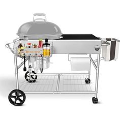 an outdoor bbq grill on wheels with drinks and condiments