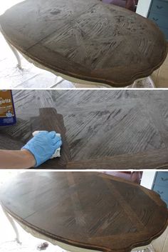 two pictures showing how to make a table with wood grain and white paint on it