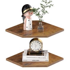 two shelves with clocks and plants on them, one shelf has a clock and the other is a book