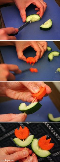 someone cutting cucumbers with a knife on top of a blue surface and then using them to cut the cucumber