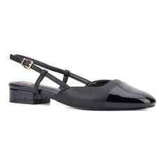 Step into style and class with the Ophelia flat. This elegant closed-toe shoe boasts a sophisticated mixed media design that combines textures for a unique look. The secure ankle strap ensures a snug fit, while the cushioned insole offers exceptional comfort and support. Perfect for any occasion, the Ophelia flat effortlessly elevates your wardrobe, blending comfort with refined elegance. Elegant Flat Patent Leather Slingback Pumps, Elegant Patent Leather Flats With Ankle Strap, Elegant Ankle Strap Patent Leather Flats, Black Patent Leather Slingback Sandals With Low Heel, Chic Flat Patent Leather Slingback Pumps, Black Slingback Pointed Toe Flats For Formal Occasions, Flat Black Slingback Pumps For Office, Black Ankle Strap Pointed Toe Flats For Formal Occasions, Black Flat Slingback Pumps With Heel Strap