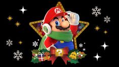 the mario bros christmas card is shown in front of snowflakes and star decorations