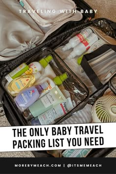 A picture of baby travel essentials packed in a suitcase. Packing For An Infant, 6 Month Travel Packing List, Packing List For Travel With Baby, Newborn Vacation Packing List, Traveling With Newborn Packing Lists, Packing Formula For Travel, Family Trip Packing List