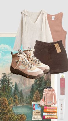 Outfits For Hiking Spring, Pink Camping Outfit, Spring Hiking Outfit Woman, Pink Hiking Outfit, Cute Hiking Outfit Spring, How To Style Hiking Boots, Adventure Aesthetic Outfit, Boho Hiking Outfit, Canada Outfits