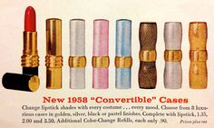 Helena Rubinstein "Convertible" Lipstick Cases, 1957 2000s Baddie, Jewellery Ads, 1950s Makeup, Lipstick Inspiration, Skincare Ads, Helena Rubinstein, Perfume Ad