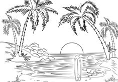 a beach scene with palm trees and a surfboard