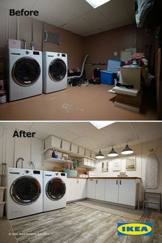 before and after pictures of a laundry room with dryer, washer and cabinets