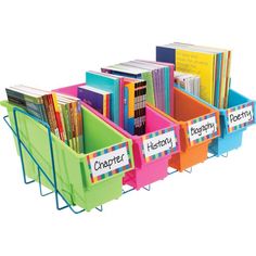 colorful bins filled with books and name tags