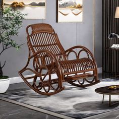 a wooden rocking chair sitting on top of a rug