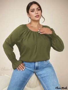 Olivia Mark - Womens Plus Size Elegant Blouse: Solid Color Shirred Flounce Sleeve Round Neck Shirt Plus Size Elegant, Plus Size Blouse, Round Neck Shirt, Elegant Blouses, Flounce Sleeve, Plus Size Blouses, Casual Blouse, Olivia Mark, Neck Shirt