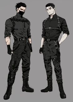 two men standing next to each other wearing black outfits and holding their hands on their hipss