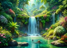 a painting of a waterfall in the middle of a lush green forest filled with flowers